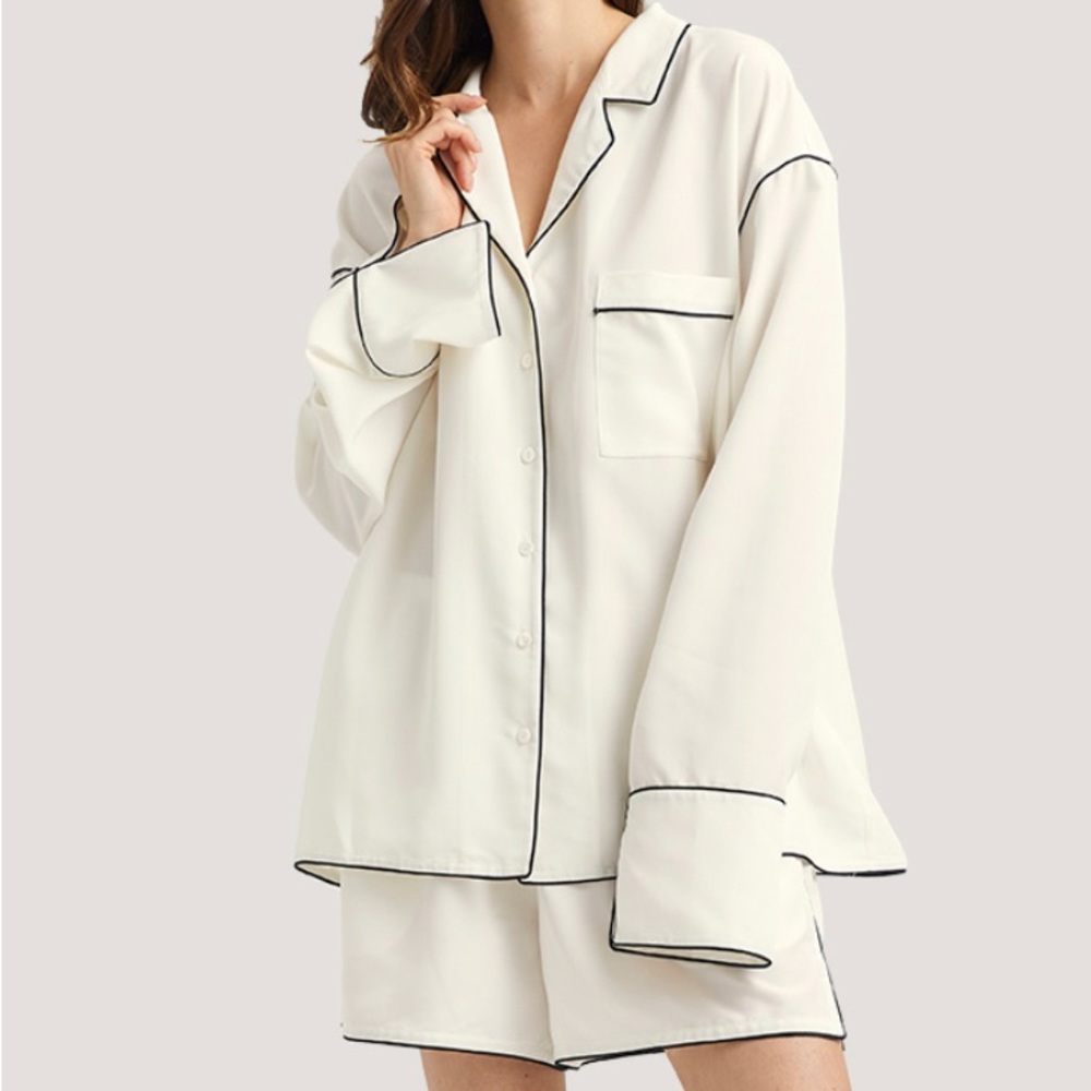 NWT Nap loungewear white w/ black piping 'idle' Pajama pj sleep set size large.